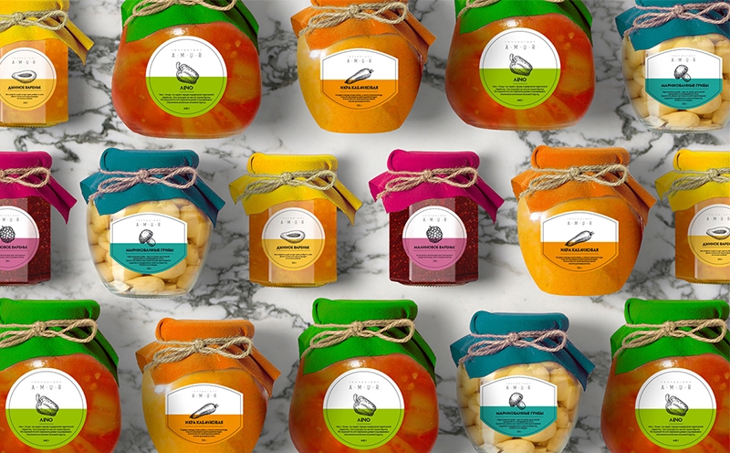 罐裝食品插畫包裝設計-覆盆子果醬，瓜果醬，腌制蘑菇，蔬菜魚子醬和檸檬汁